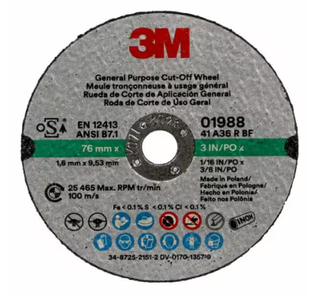 3M 01988 General Purpose Cut-Off Cut-Off Wheel 3 in x 1/16 in